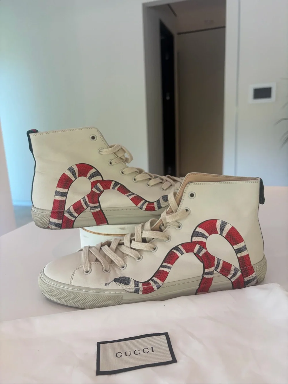 Gucci Cream Leather High-Top Sneakers with Red & Black Snake
